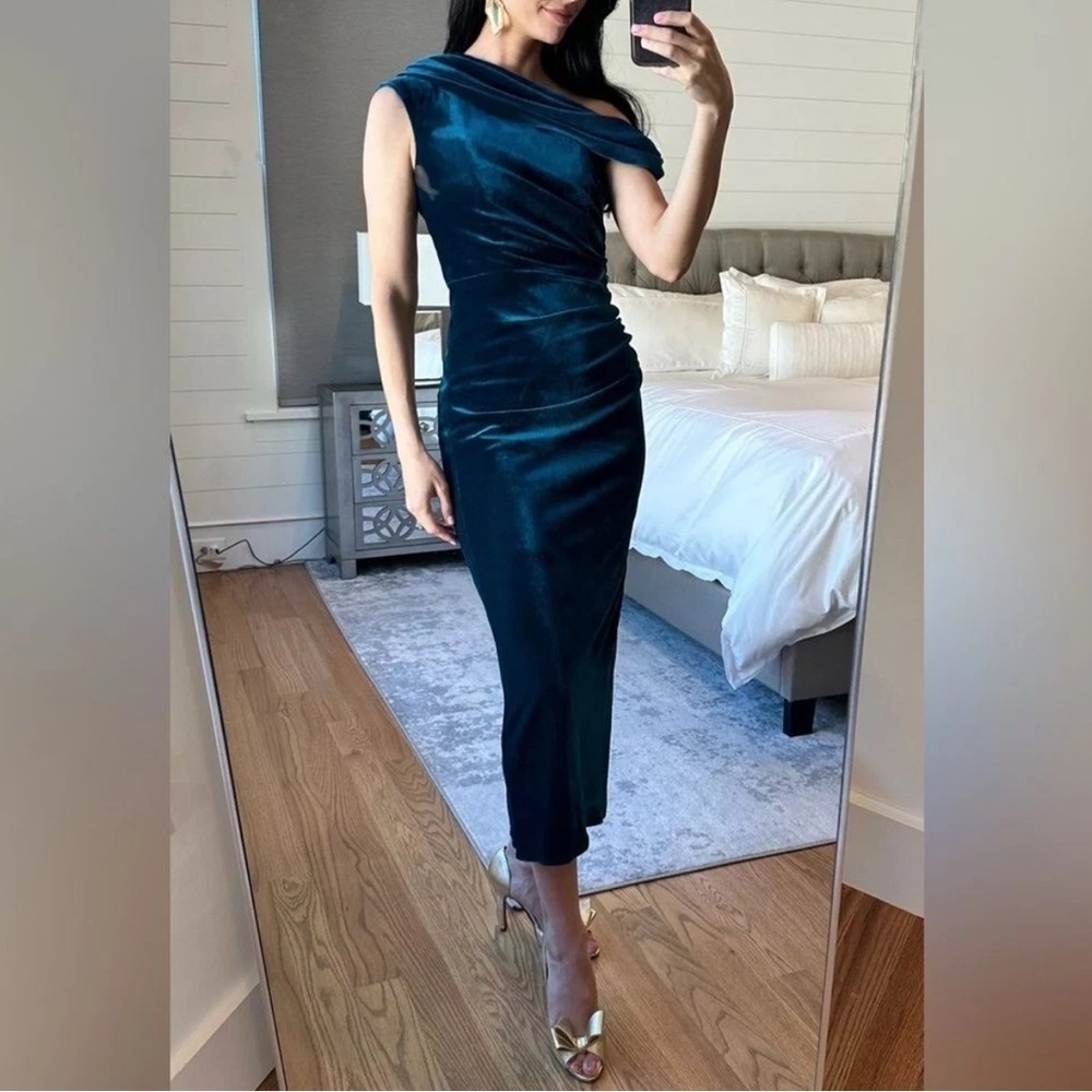 Shoshanna Grover Blue Green One-Shoulder Stretch Velvet Draped Midi Dress 10